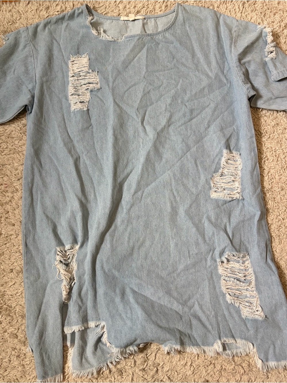 Light Blue Distressed Women’s T shirt dress - Casual Ripped Tee
